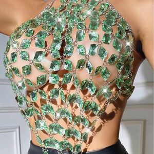Dazzling Green Crystal Backless Halter Top